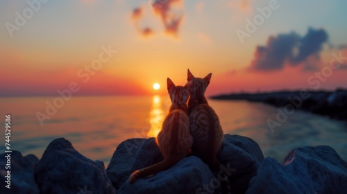A heartwarming image capturing two cats watching the sun set over the ocean, perched on rocks.