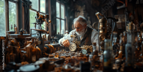 person in a factory, a precision and focus of a watchmaker assembling intricate timepieces in a workshop, working with tiny gears and mechanisms to create functional works of art photography