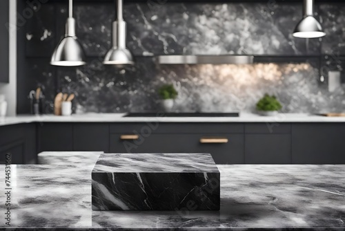 Modern empty dark marble table top or kitchen island on blurry bokeh kitchen room interior background. for montage product display. digital art