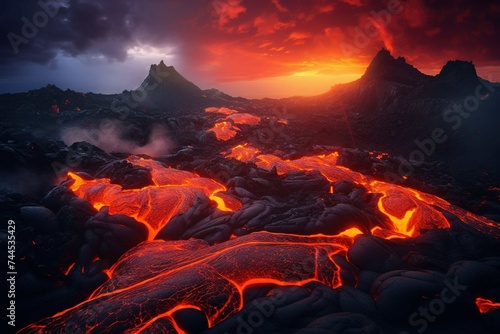 Glowing magma flowing from a deep volcanic fissure, lighting up the night sky