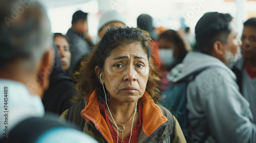 An emotional scene at an immigration processing center capturing the anxiety and hope of migrants as they await their fate.