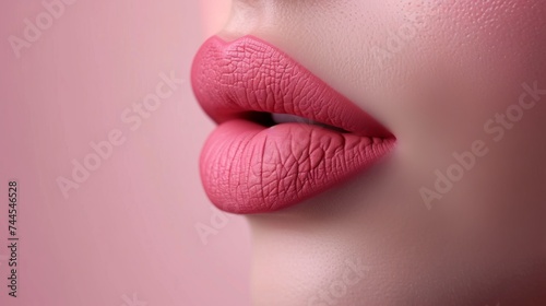 Beautiful plump pink matte lips side view