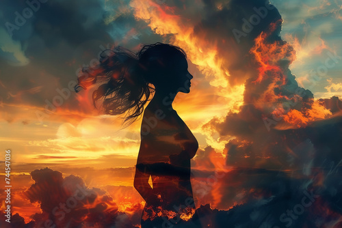 an inspiring portrait of a woman in a powerful stance silhouetted against a sunrise symbolizing hope strength and new beginnings
