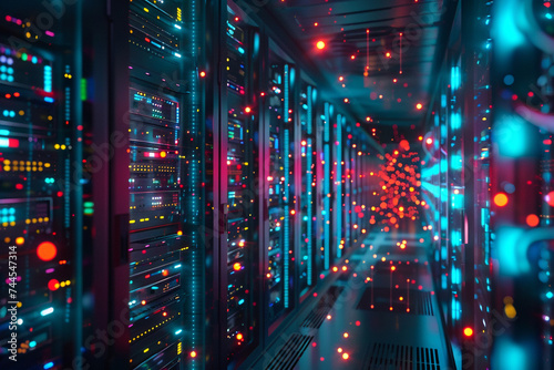 dynamic view inside a data center with rows of servers and glowing connections visualizing the concept of cloud storage and computing power with a futuristic aesthetic