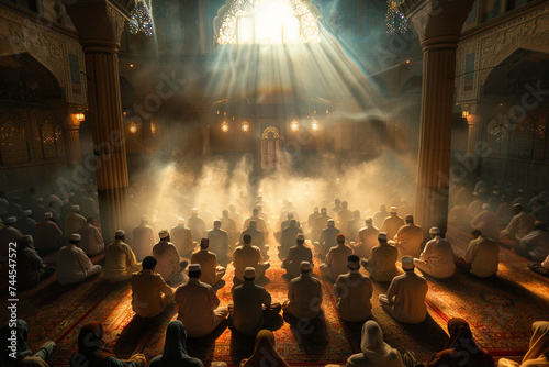 wide angle shot of a mosque at evening prayer time the faithful gathered in unity with light beams and smoke creating a mystical ambiance emphasizing the communal spirit of worship