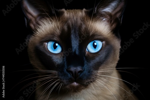 Close-up of a Siamese cat's blue almond-shaped eyes against a black background