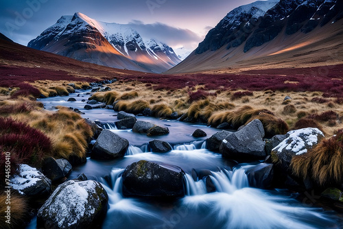 Mountains are covered in snow and rocks and a stream of water