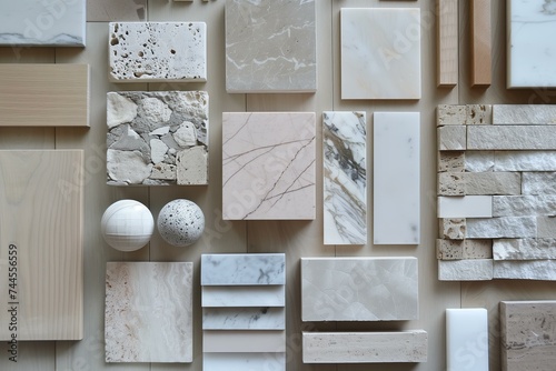 interior design material sample moodboard with luxury surfaces like marble and wood