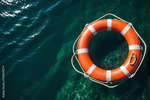 Lifebuoy floating in the sea, top view, lifeline concept, insurance and security