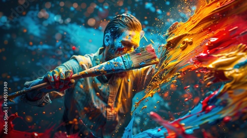 Painter holding a large paintbrush and imagine the splashing colors Draw patterns of bright colors around it.