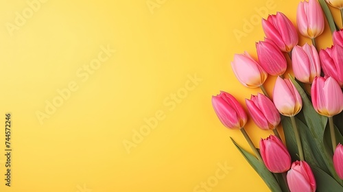 flat lay spring abstract flowers background of yellow tulips flower with hard shadow over pink, copy space, Generative AI
