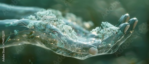 A glass hand, a structure of interaction, filled with a microcosm of interconnected trails and blossoming paths, symbolizing touch and connection with nature