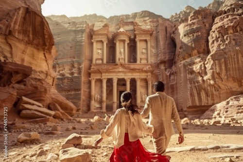 A man and woman explore the ancient ruins of petra marveling at its wonders as they walk together, world heritage day celebration