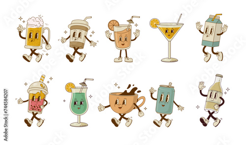 Set of retro cartoon drink characters vector illustration. Beverage mascot collection. Vintage beer, juice, coffee, cappuccino, latte, can, alcohol coctail, soda, smoothie on white background.