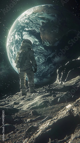 Astronaut Standing On The Moon Surface With Earth Rising In Background. Human Space Flight, Space Exploration, Human Achievement, Science Fiction. Vertical Banner. AI Generated