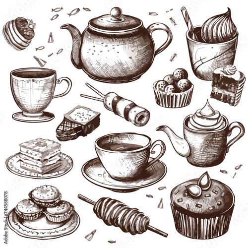 Tea Hand Drawn Object with Teapot Cup and Sweets