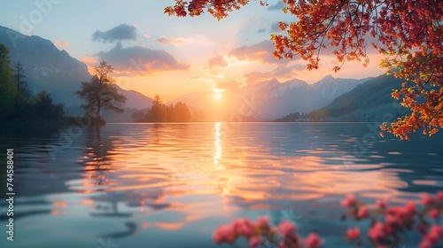 Autumn Sunset Lake with Cherry Blossoms