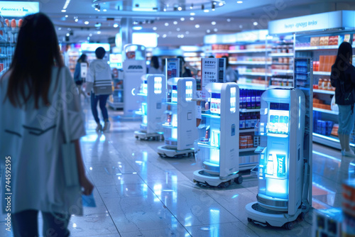 Modern grocery store with autonomous shopping robots and futuristic ambiance