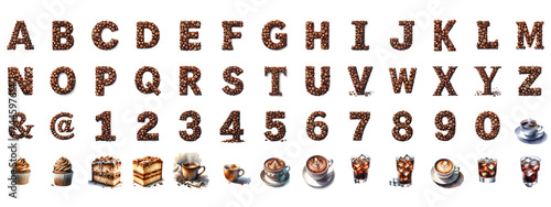 Watercolor coffee bean letters on white background