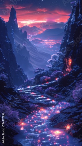 Ethereal landscape blockchain streams merging with river of fate surreal lighting