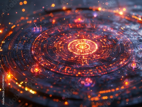 Ancient oracle amidst digital runes blockchain symbols glowing mystical aura high contrast