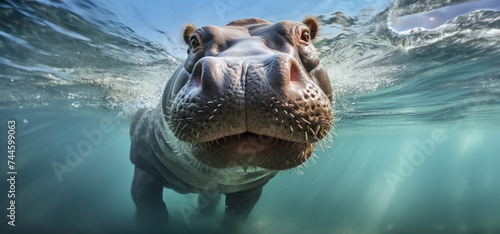 Hippopotamus swimming underwater in the water.