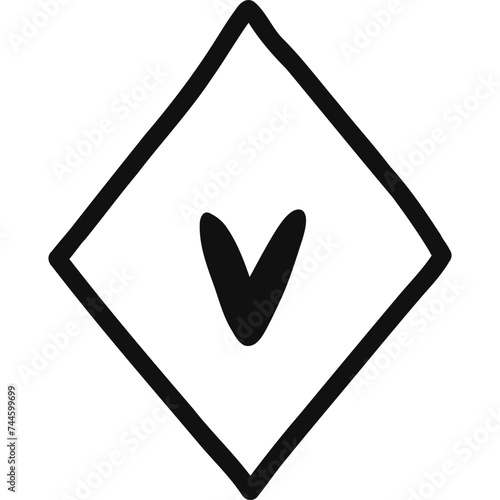 Cute hand drawn doodle of check V mark with checkbox in the shape of rhombus