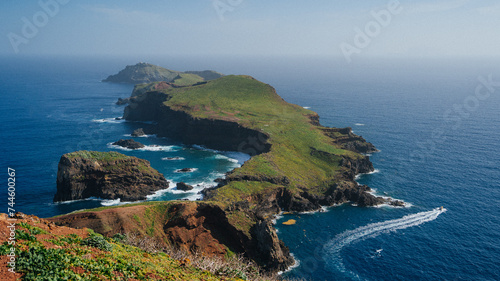 Lighthouse of the Ponta de São Lourenço (tip of St Lawrence) on a desertic islet at the easternmost point of Madeira island (Portugal) in the Atlantic Ocean