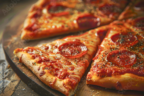 Close-up of a freshly baked pepperoni pizza with melted cheese.