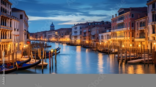 Panoramic view of Grand Canal in Venice at night, Italy