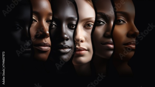 Human face made from portrait of different people of diverse age, gender and race over black background. Generative AI