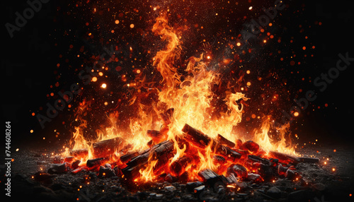 Intense Bonfire Burning in Dark Night.