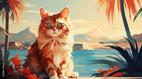 An orange cat sits regally against a tropical backdrop, gazing afar
