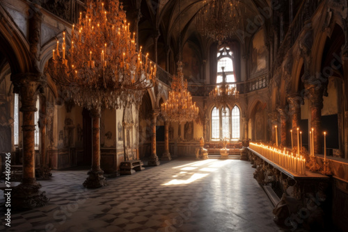 Ethereal baroque hall with grand chandeliers and candelabras casting a warm glow