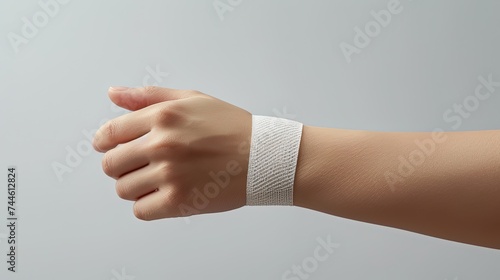 A hand wrapped in a white bandage indicates a minor injury and the basic medical care provided for wound protection.