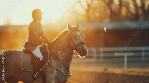 Cinematic shot of young male horsemanship master dressed in a professional apparel is practicing exercises for competition of horse racing and dressage on a riding hall