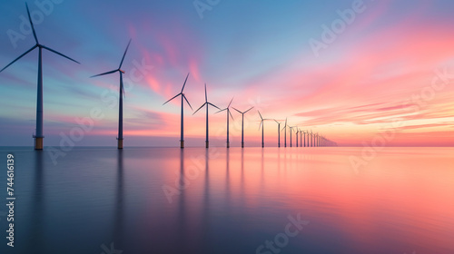 Wind Turbines at Sea during Sunset. Green energy concept..