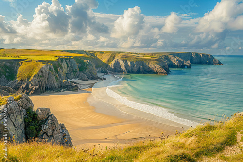 Serene coastal panorama with golden sands, azure waters.