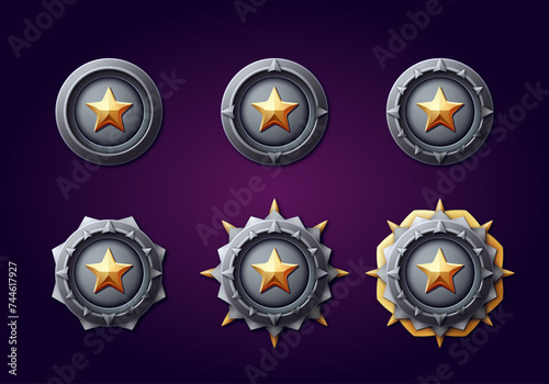 Award rank badge for games. Gold and silver 3d metal effect. Rank and stars.