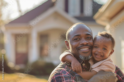Happy smiling African American father with his little son in the front of the house