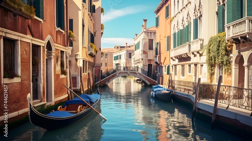 Venice canal with gondolas, Italy. Panoramic view