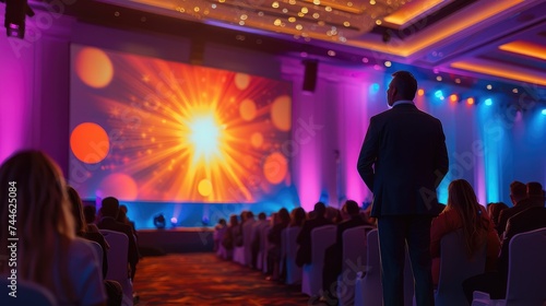 A large corporate event style stage with a host standing on a small platform with a large screen adjacent to him where he is addressing the room full of delegates. Generative AI.
