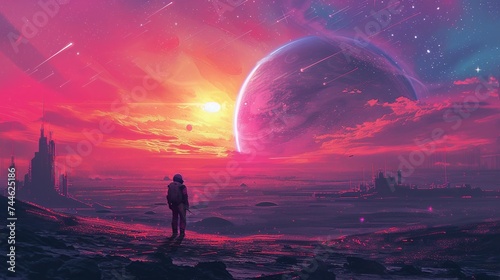 A lone astronaut stands on an alien world, contemplating a cosmic sunset, in this digital artwork perfect for science fiction themes and space exploration content, with space for text.