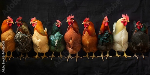 A diverse array of colorful chicken breeds against a black background. Concept Chicken Photography, Colorful Breeds, Black Background, Diverse Array, Animal Portraits