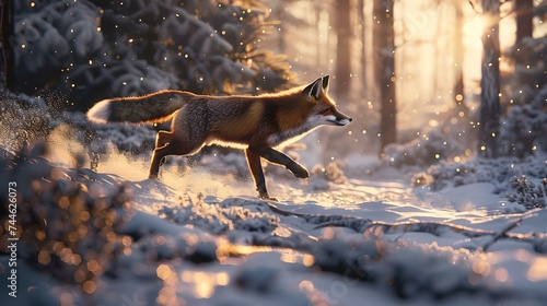 Majestic fox trotting through a snowy forest bathed in golden sunlight