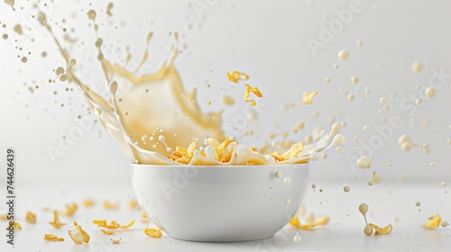 Corn flakes with milk splash in white bowl isolated on white background.