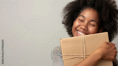 Afro woman hugging cardboard package, receiving long awaited delivery, getting online order indoors. A satisfied customer embraces her internet purchase in cardboard package.