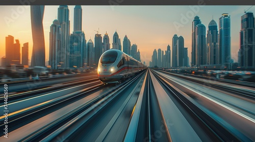 A high-speed bullet train speeding through a modern city skyline. Generative AI.