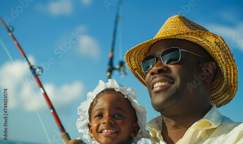Candid black father and childr fishing together. Father's Day concept. African american dad and daughter bonding outdoors. AI generated