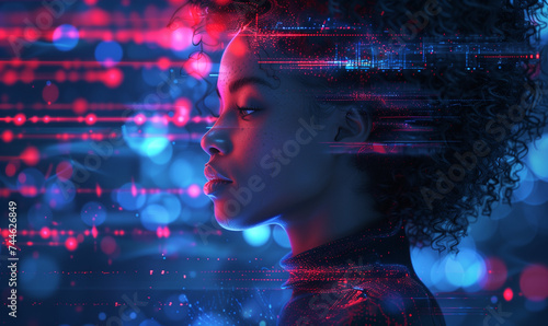 AI cyber security threat illustration, black african american IT specialist, artificial intelligence collage